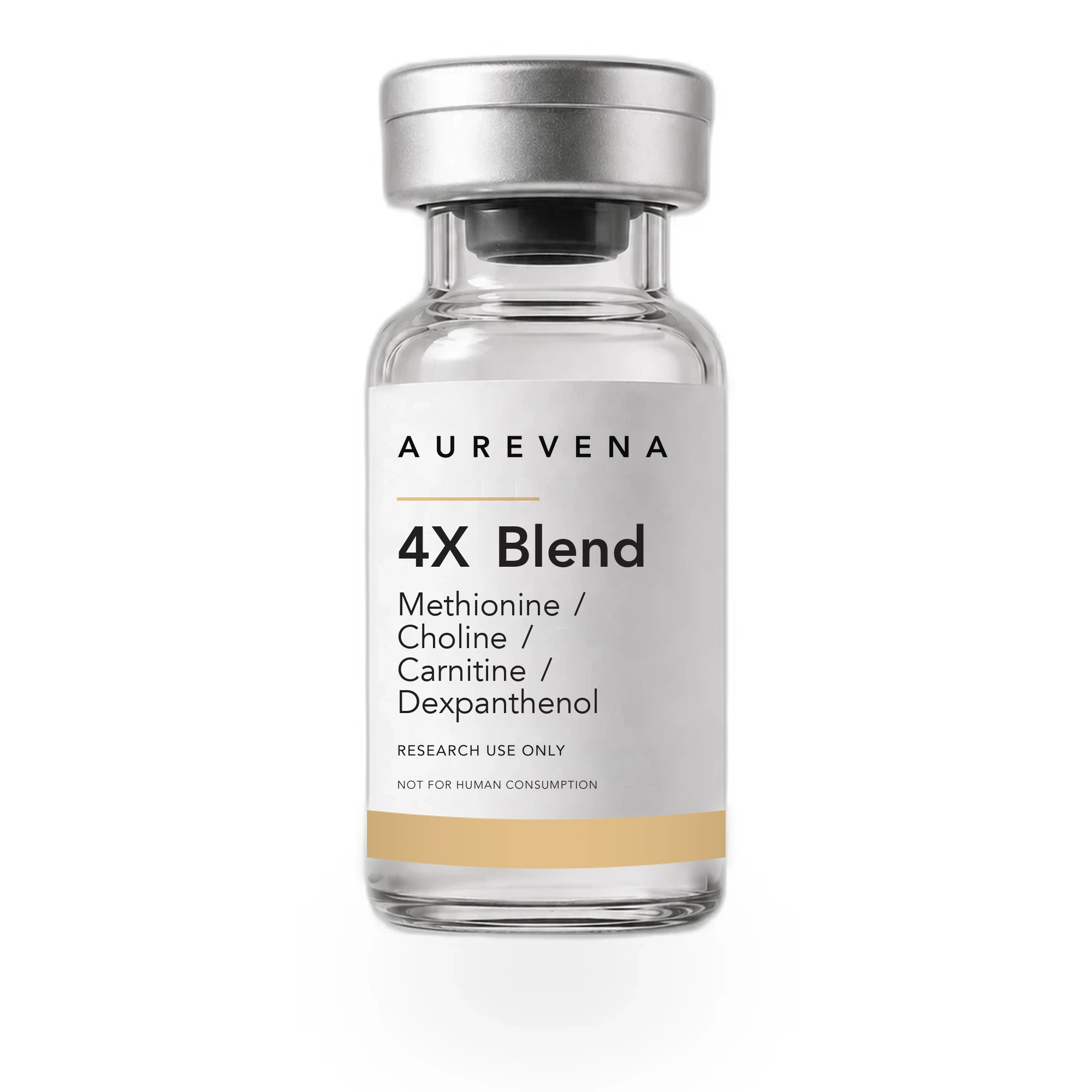 4X Blend Methionine-Choline-Carnitine-Dexpanthenol research peptide vial from Aurevena, for laboratory research use only