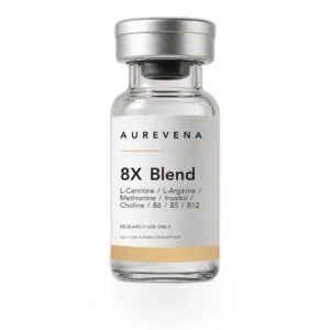 8X Blend L-Carnitine-L-Arginine-Methionine-Inositol-Choline-B6-B5-B12 research peptide vial from Aurevena, for laboratory research use only