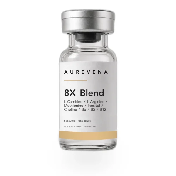 8X Blend L-Carnitine-L-Arginine-Methionine-Inositol-Choline-B6-B5-B12 research peptide vial from Aurevena, for laboratory research use only