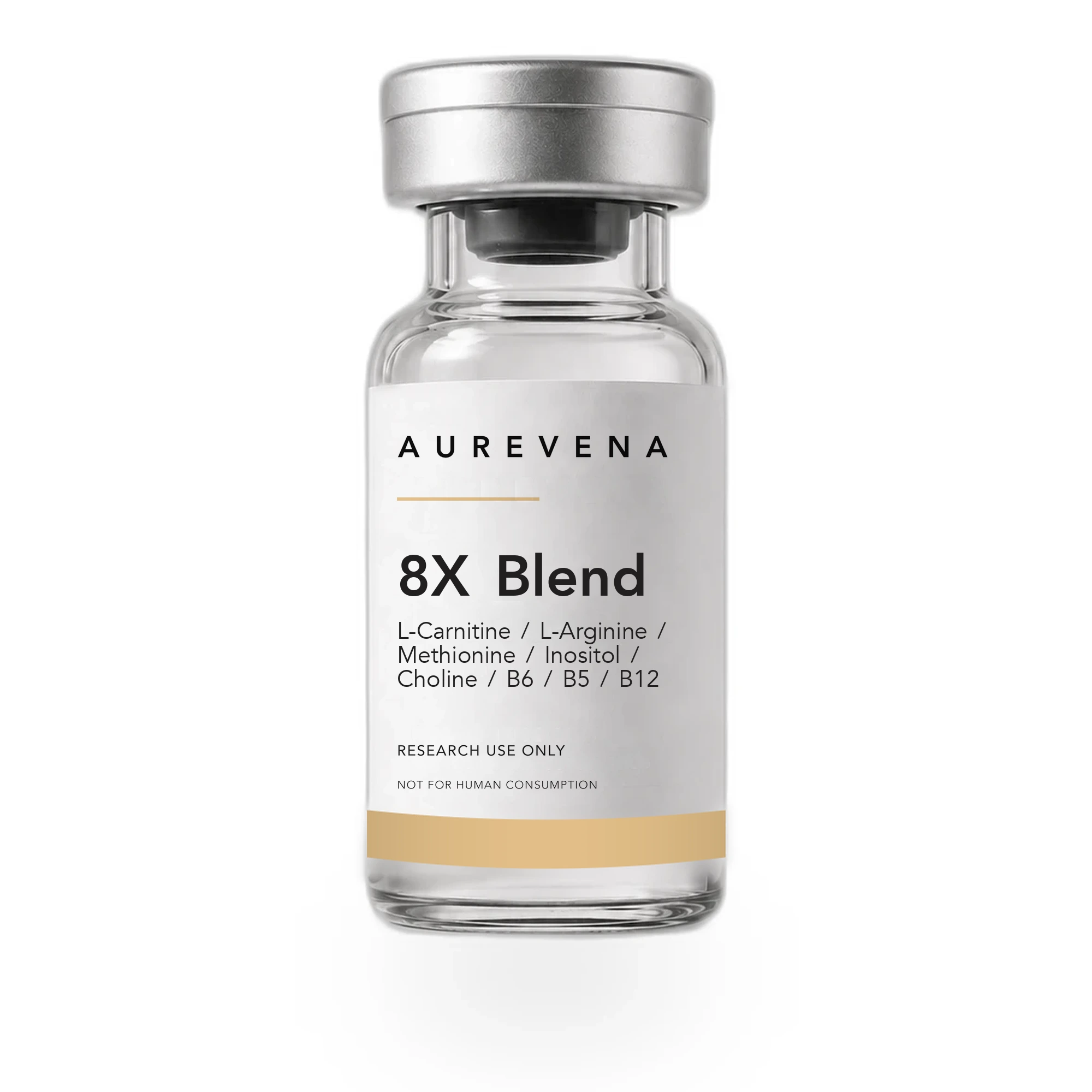 8X Blend L-Carnitine-L-Arginine-Methionine-Inositol-Choline-B6-B5-B12 research peptide vial from Aurevena, for laboratory research use only