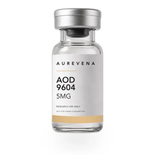 AOD 9604 5mg research peptide vial from Aurevena, for laboratory research use only