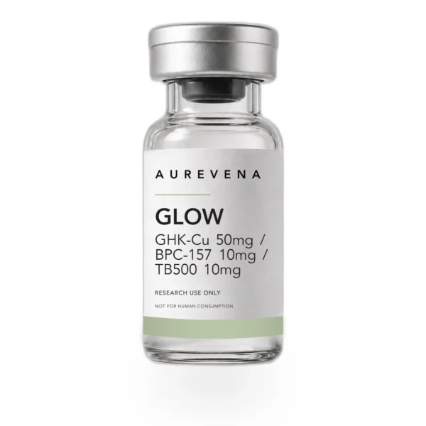 GLOW GHK-Cu 50mg / BPC-157 10mg / TB500 10mg research peptide vial from Aurevena, for laboratory research use only