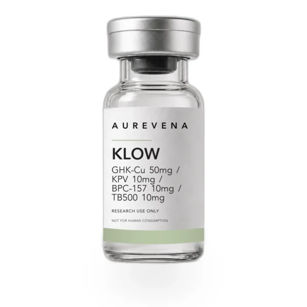 KLOW GHK-Cu 50mg / KPV 10mg / BPC-157 10mg / TB500 10mg research peptide vial from Aurevena, for laboratory research use only