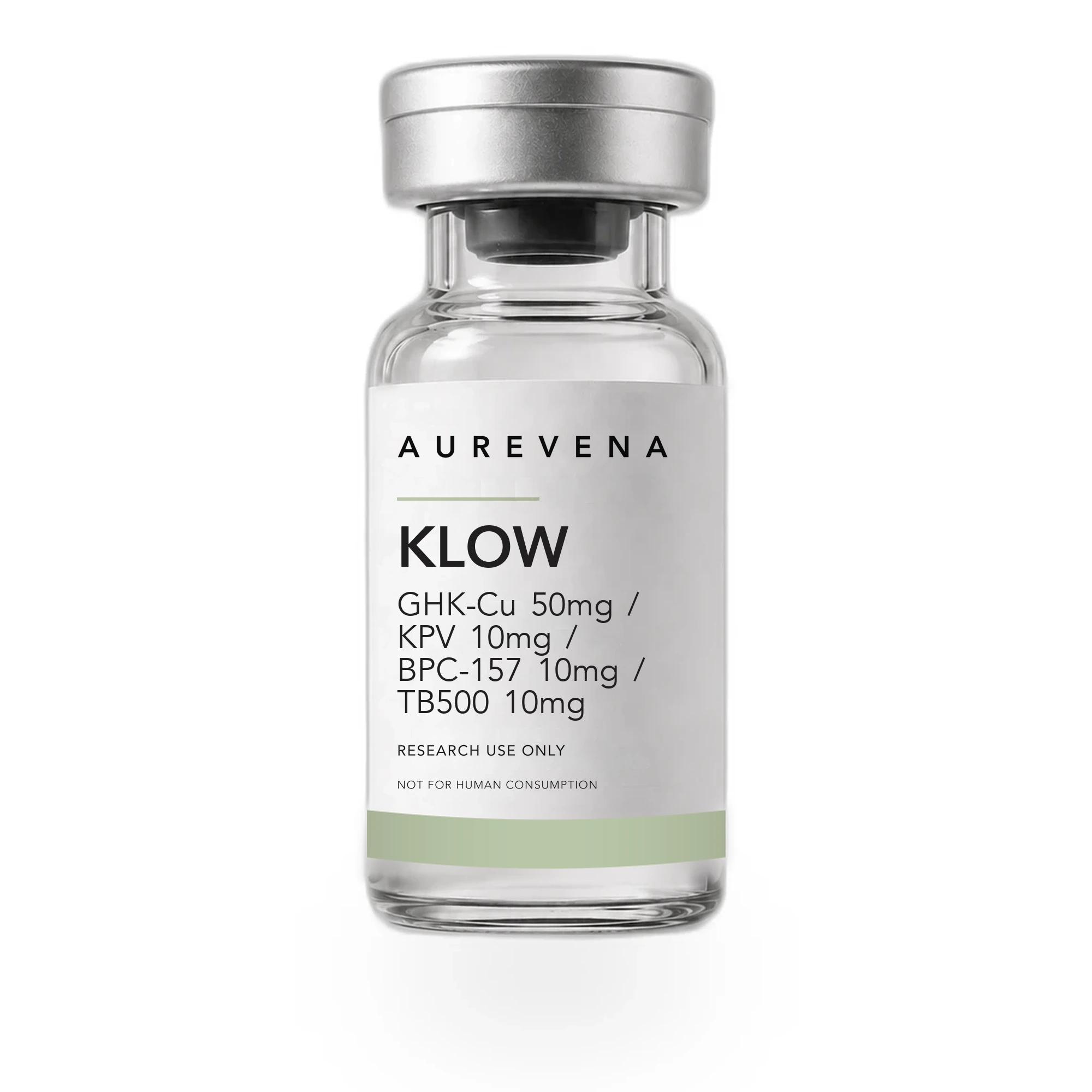 KLOW GHK-Cu 50mg / KPV 10mg / BPC-157 10mg / TB500 10mg research peptide vial from Aurevena, for laboratory research use only
