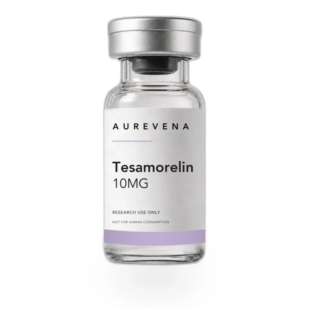 Tesamorelin 10mg research peptide vial from Aurevena, for laboratory research use only