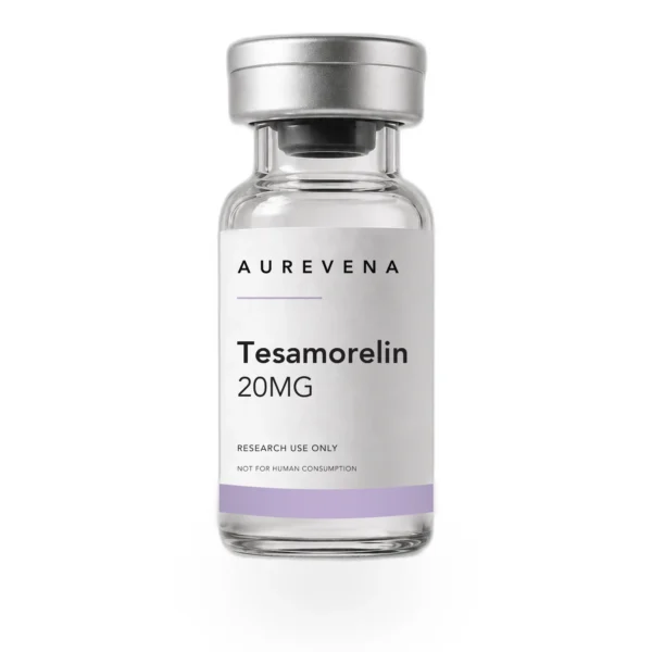 Tesamorelin 20mg research peptide vial from Aurevena, for laboratory research use only